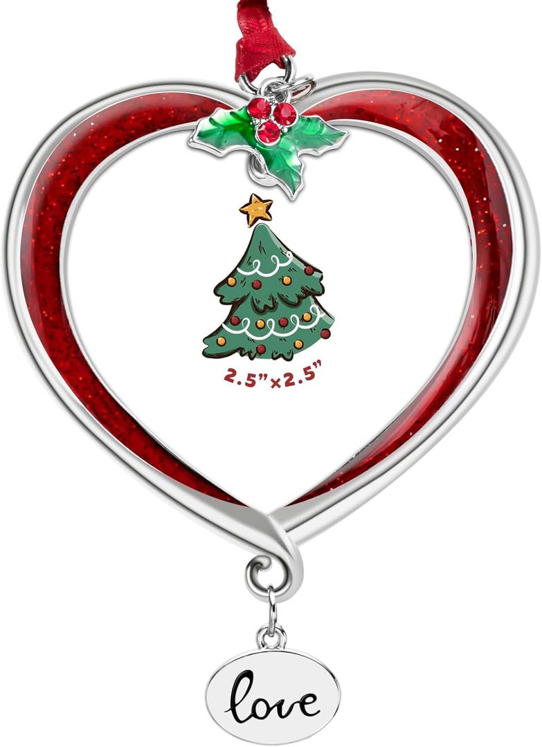 Christmas Tree Ornament Picture Frame Metal Hanging Pendant Holiday 2.5" Photo Frame Charm Decorative of Pets, Baby First Christmas, Family (Love Red)