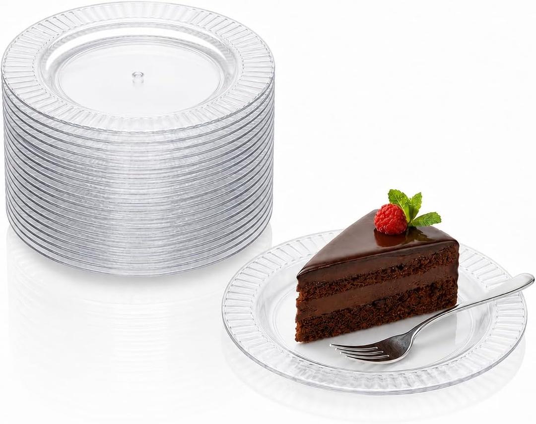 Oojami 120 Pack 7 Inch Clear Plastic Dessert Plates Disposable - Heavy Duty BPA-Free Fluted Rim Cake Appetizer Salad for Party, Wedding, Birthday, Catering - Bulk Clear Plastic Plates for Events
