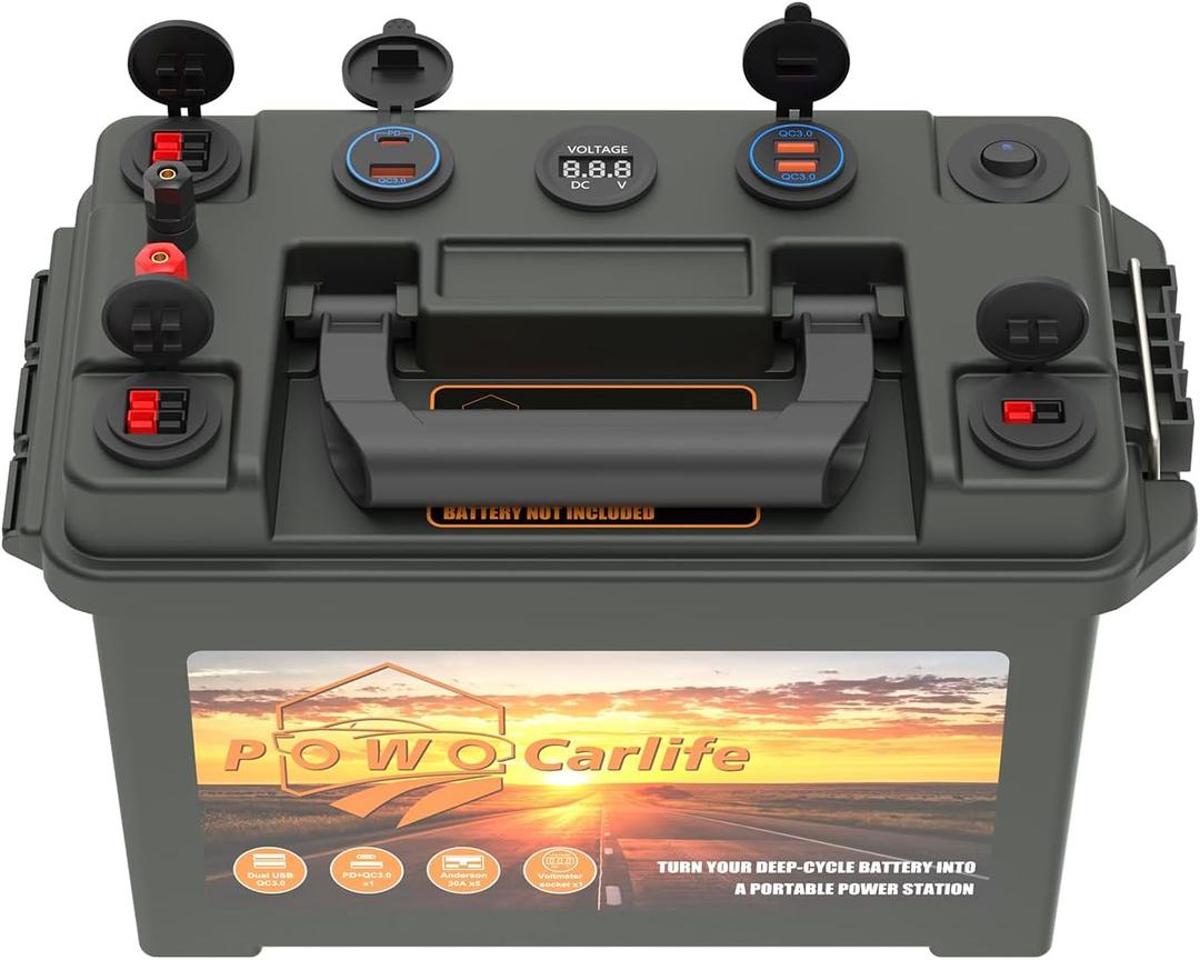 Battery Box for 30Ah/20Ah/10Ah, Waterproof Battery Box with Anderson Plug and Dual QC3.0, 12V Marine Case 30Amp Connectors for Lifepo4, RV, Camping, Boat, Trailers, Hunting