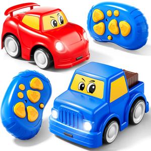 Remote Control Car 2 Year Old, Toddler RC Cars Ages 2-4 Boy, 2-Pack 2.4 GHz Truck and Race Car with Sound and Light, Easy Electrical Remote Control Toy Gifts for Boys Girls 3 4 5+ Year Old