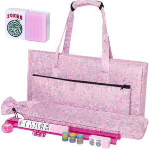 American Mahjong Game Set, 166 Pink Tiles, Pink Bag and Entire Accessories, 4 All-in-One Rack/Pushers, Mahjong Tiles Set