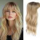 Hair Topper, 360 3D Hair Toppers for Women with Thinning Crown, 20 Inch Long Wavy Curly Hair Pieces Clip in Bangs (Highlights Champagne Blonde with Brown Root, 20 inch, French Bangs)