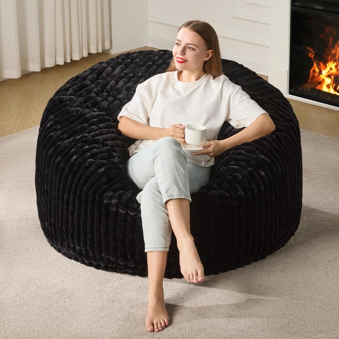 Hobestluk 4ft Bean Bag Chairs for Adults Large Beanbag Chair with Dutch Corded Plush Cover Big Bean Bag Chair for Living Room Bedroom Dorm Office - Black (44" x 44" x 24")