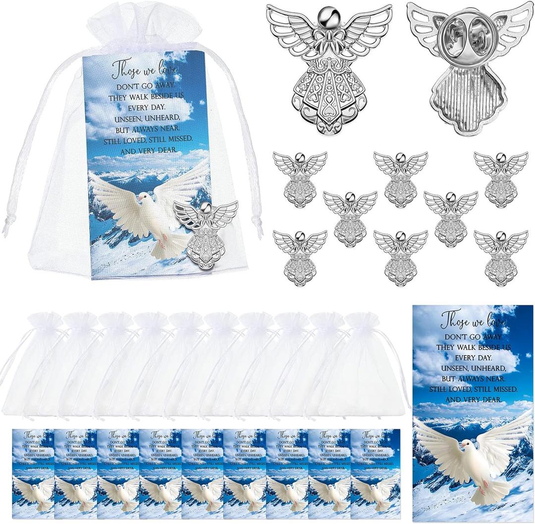 Geosar 25 Set Memorial Angel Sign Pins Funeral Pocket Token Guardian Pocket Angel Pins Lucky Peace Dove Sign Poem Cards with Organza Bags Charms Presents Religious(English)