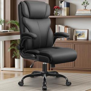 PU Leather Executive Office Chair, Ergonomic High-Back Computer & Gaming Chair with Adjustable Height, Rolling Swivel & Flip-Up Armrests, Comfy Padded Seat for Home Office-Black
