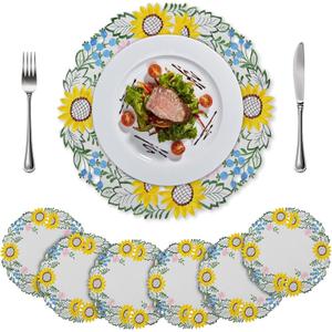 TEWENE Round Placemats Set of 6, Embroidered Washable Sunflower Cloth Table Place Mats Stain Resistant Boho and Farmhouse Style for Dining Room (15'' Round)