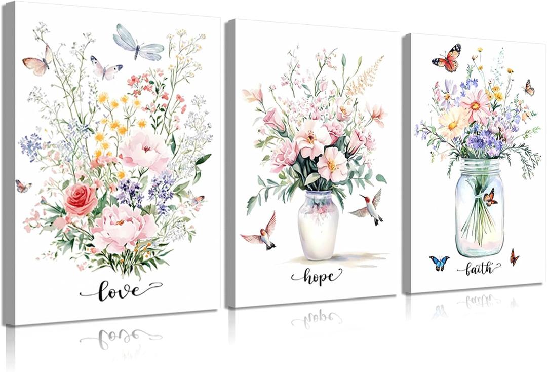 3Pcs Framed Wildflowers Canvas Wall Art Modern Christian Love Hope Faith Poster Print Bible Verses Floral Picture Flowers Butterfly Hummingbird Painting Wall Decor for Bedroom Living Room 24x16in (24L" x 16W", White)