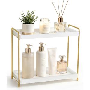 Mkono Bathroom Counter Organizer, 2 Tier Countertop Bathroom Decor Wood Storage Sink Shelf for Vanity Kitchen Coffee Station Home Office, Makeup Tray for Cosmetic Skincare Perfume, Gold and White