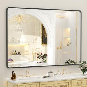 OKPAL 50X40 Inch Matte Black Bathroom Mirror, Black Framed Bathroom Vanity Mirror, Black Rectangle Mirror, Round Corner, Rustproof, Shatter-Proof (Horizontal/Vertical)