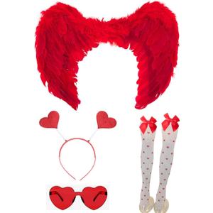 4 PCS Valentines Day Outfit Costume Accessories - Angel Wings | Heart Headband | Heart Sunglasses | Thigh High Stockings