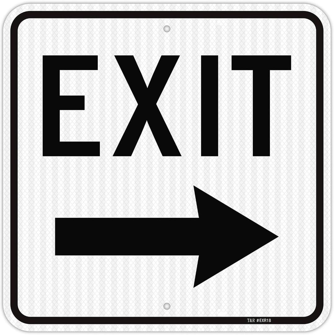 T&R Large Exit Sign with Right Arrow 18 x 18 Inches, Engineer Grade Reflective Sheeting, Rust Free Aluminum, Weather Resistant, Waterproof, Fade Resistant, 2 Pre-drilled Holes