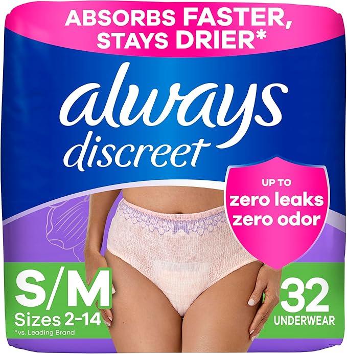 Always Discreet Adult Diapers for Women, Incontinence Underwear, Drier Than Depends, Postpartum Essentials, Disposable Briefs, Max Absorbency, Bladder Leak Protection, Small/Medium, 32ct