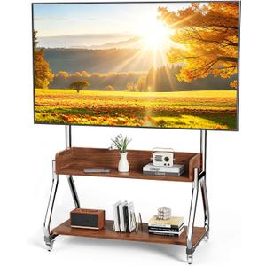 Rolling TV Stand with 2-Tier Wooden Shelf Stainless Steel Mobile TV Stand