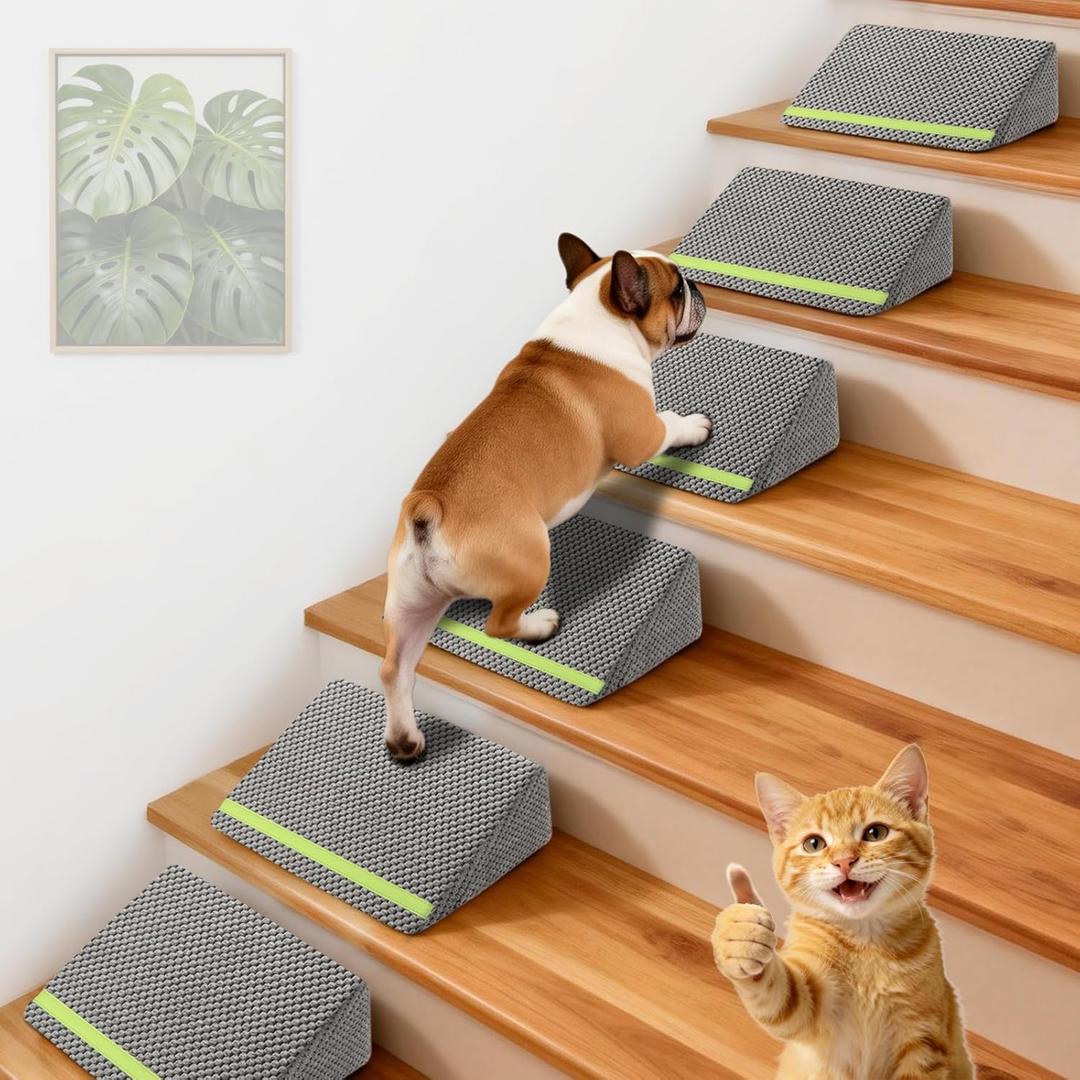 JoyBlooms Dog Ramp for Stairs for Small & Senior Dogs Cats, 40D Density Foam Gentle Slope Non-Slip Dog Stair Ramp with Glow Strip, Pet Ramp with Removable Washable Cover Gray-6pcs