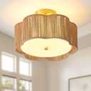 13.6" Boho Light Fixtures Flush Mount, 3-Light Rattan Semi Flush Mount Ceiling Light, 6 Petals Flower-Shaped Rattan Bedroom Light Fixtures for Hallway Kitchen Dining Room(Yellow) (6 Petals-Yellow)