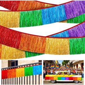 Watayo 4 Pcs Rainbow Foil Fringe Garland,29Ft Rainbow Tinsel Metallic Glitter Banner, LGBT Hanging Table Skirts for Unicorn Birthday Wedding Pride Month Parade Float Party Decor