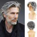 Men Short Layered Fluffy Natural Looking Synthetic Daily Costume Halloween Wigs (Gray)