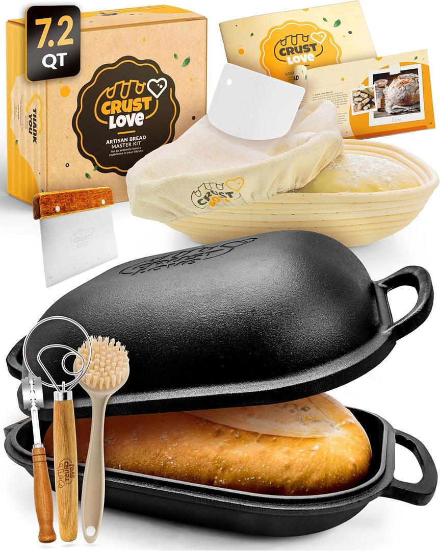 CRUSTLOVE Cast Iron Bread-Pan with Lid - incl. Sourdough Bread Baking Supplies - like Banneton Bread-Proofing Basket - 7.2QT Bread-Oven Dutch, Oven for Bread-Baking Cast Iron Pan Scoring Tool Lame Kit