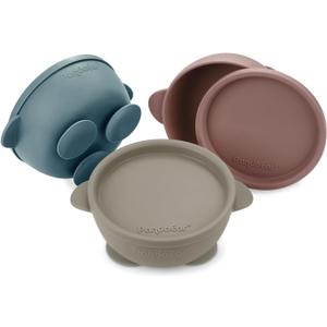 PandaEar 3 Pack Baby Suction Bowls with Lids Stay Put Silicone Toddler Bowls for Self-Feeding & Travel, 100% Food Grade BPA-Free, Leakproof Feeding Set (Muted Earth Tones)
