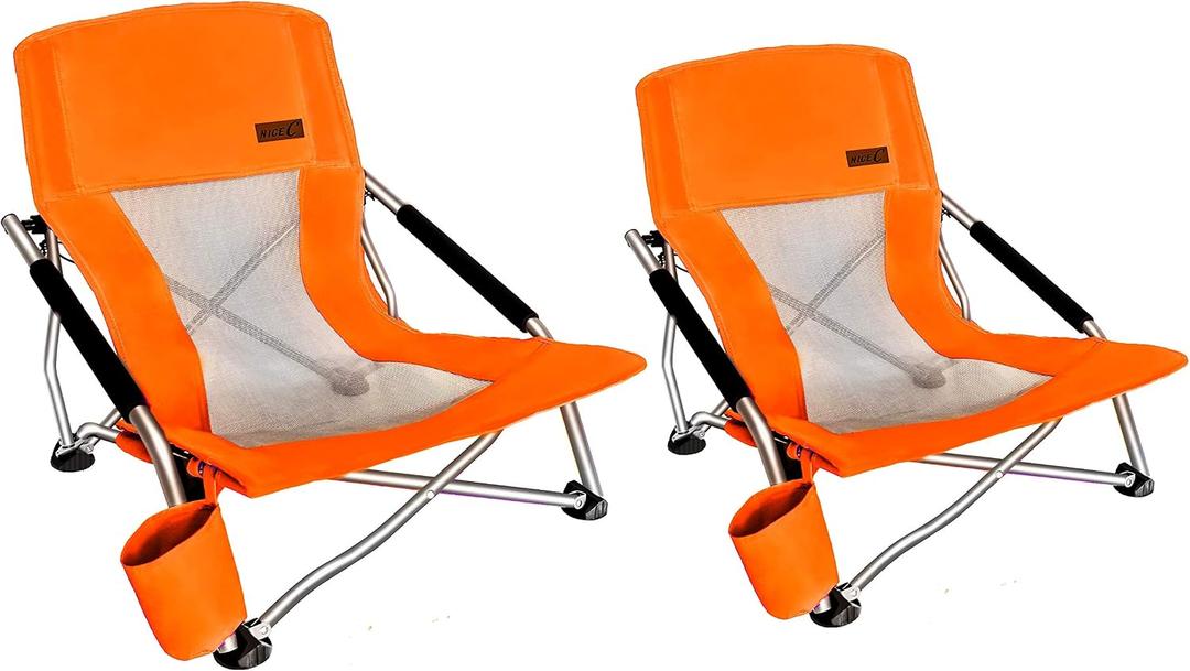 Nice C Low Beach Chair, Beach Chairs for Adults 2 Pack, Sling, Folding, Portable, Concert, Kids, Boat, River, Sand Chair, Sillas De Playa, with Cup Holder & Carry Bag (Set of 2 Orange)