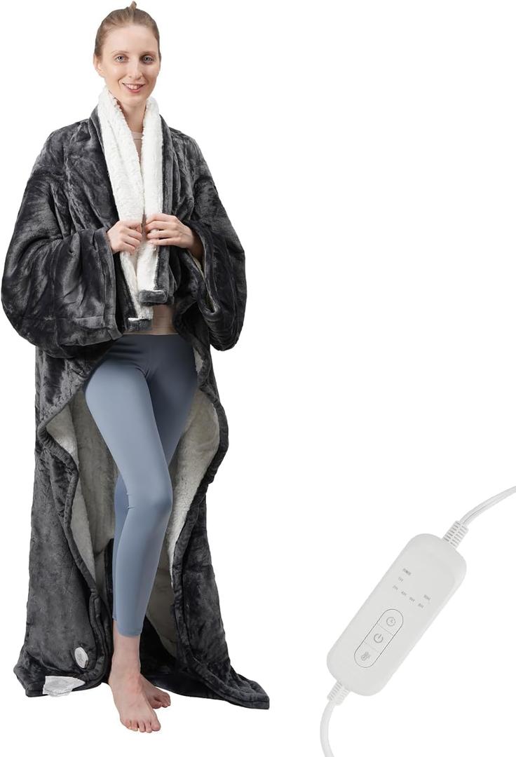 GoodtoU Wearable Heated Blanket with Foot Pocket & Sleeves, ETL Certified, 8 Heating Levels & 1-10 Hour Timer, Black, Sherpa & Fleece, Throw Blanket, Electric Blanket