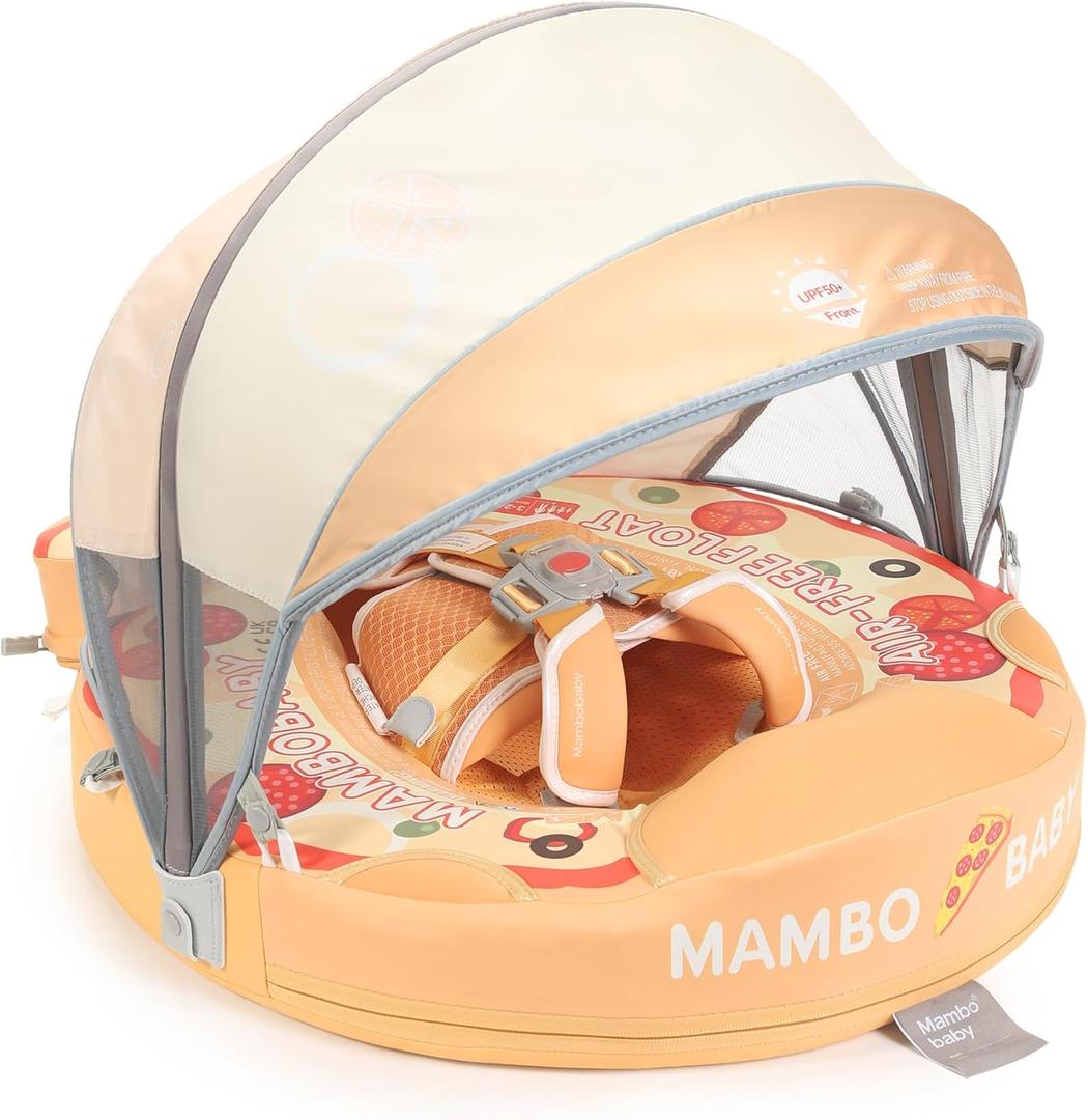 Mambobaby Float Upgrade Add Tail Baby Float with Canopy for Infant Waist Swimming Ring Swim Trainer Non-Inflatable Floats Toys with Adjustable Safety Strap (Orange - Pizza)