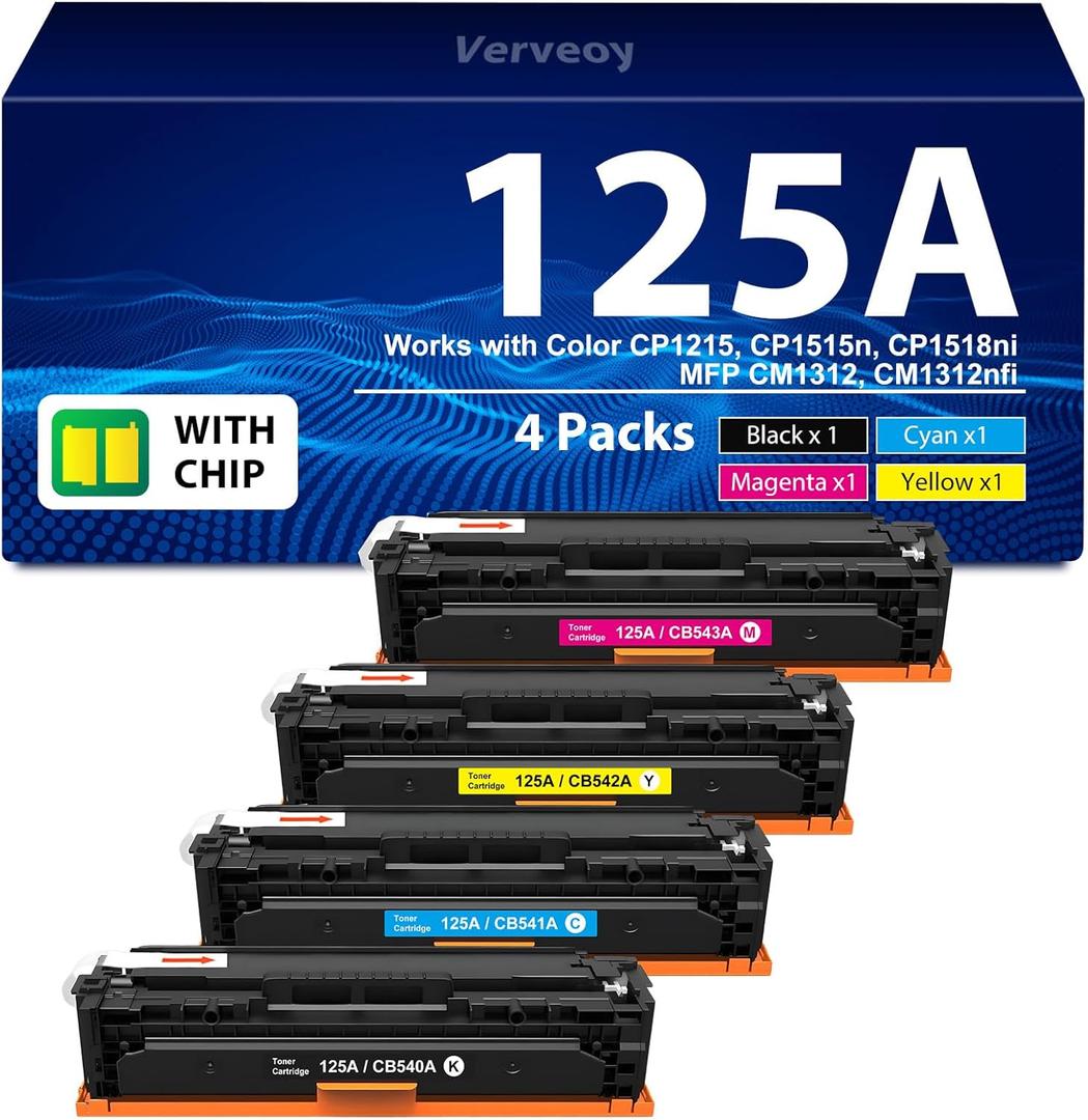125A Toner Cartridge High Yield CB540A CB541A CB542A CB543A 4 Packs Set Compatible with HP Color Laserjet CM1312 MFP CP1215 CP1518ni CP1515n CM1312nfi Printer