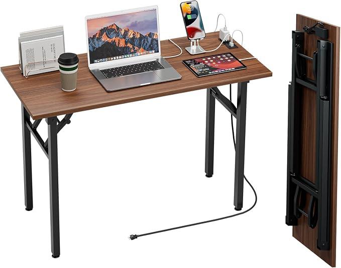 Computer Desk Folding Table - No Assembly, Compact 43.3" Foldable Desk with Power Outlets & USB Charging Port, Portable Small Office Desk, Ideal Mini Study Table for Narrow Spaces, Walnut