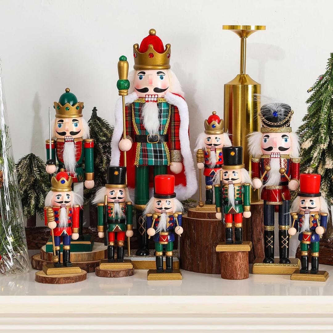 Syhood 9 Pcs Christmas Wooden Nutcracker Ornaments Nutcracker Christmas Decor Christmas Nutcrackers Decorations Collectible Nutcracker Figures Wooden Nutcracker Soldier for Table Desktop Fireplace