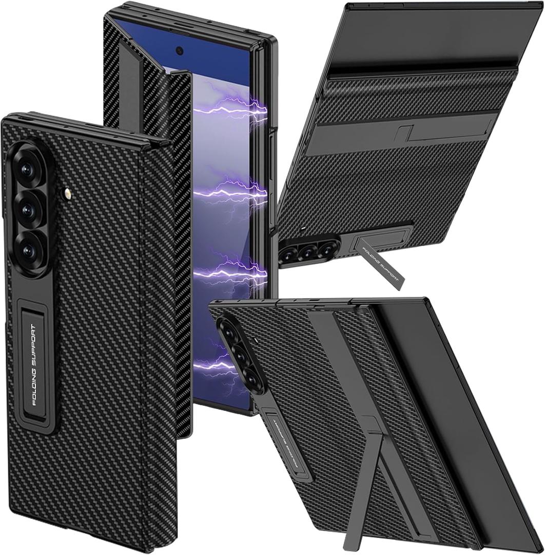 for Samsung Galaxy Z Trifold Case, [Dual Invisible Stand] Built-in Glass Screen Protector, Full Coverage Magnetic Edge Cover Hinge Protection Slim Leather Case for Z Trifold Fiber Black