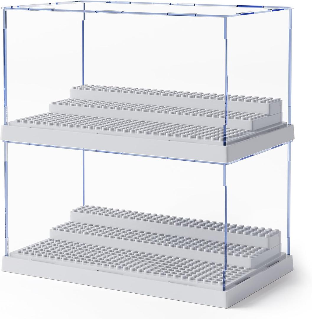 Mlikero 2 Pack Display Case for Minifigures Action Figures Blocks, Clear Dustproof Acrylic Display Box Storage with 3 Movable Steps Gifts for Children,Gray