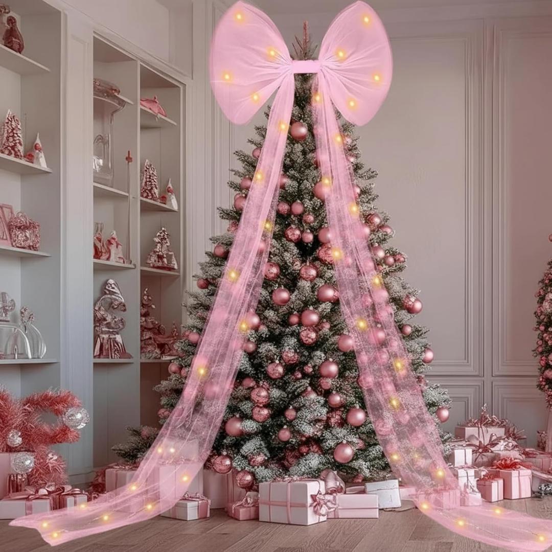 Norme 23.62 x 78.4 Inches Extra Large Christmas Tree Decorations Bow Tree Topper with LED Light Christmas Tulle Velvet Bows with Long Streamers for Front Door Wreath Wedding Decor(Pink,Tulle)