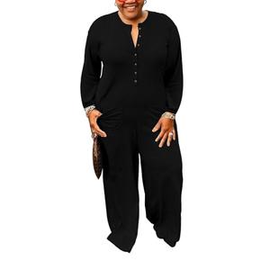 YeGine Plus Size Women Long Sleeve Loose Jumpsuit Casual Rompers One Piece Button Up Wide Leg Jumpsuits Black 2XL