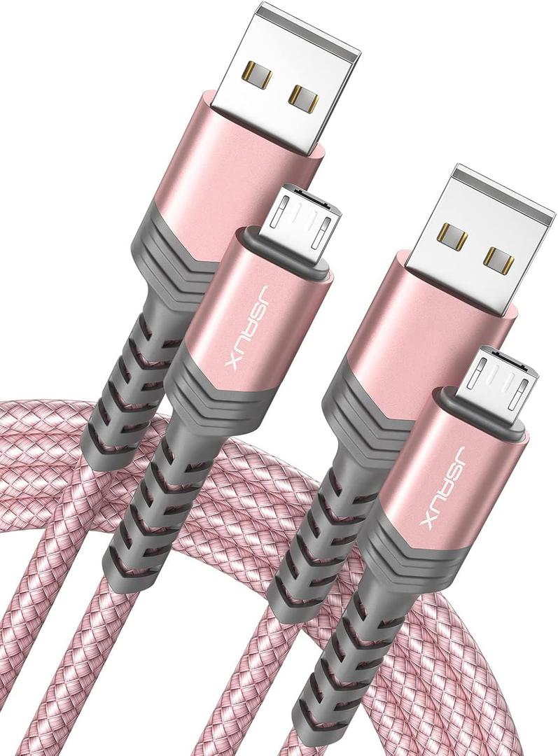 JSAUX (2-Pack 6.6FT) Micro USB Android Charger Cable Nylon Braided Cord Compatible with Galaxy S7 S6 J7 Edge Note 5, Kindle. MP3 and More-Pink (Gold Rose)