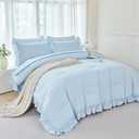 ANGIYUIN 5Pcs Queen Size Comforter Sets Light Blue Ruffle Bedding Sets Vintage Farmhouse Bed Sets Solid Elegance Boho Bed in A Bag for Girls WomenLight Blue Queen