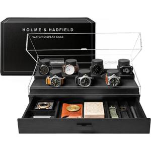 Premium 7 Slot Watch Box for Men - Large Wooden Watch Display Case with Hinged Cover, Leather Lining & Drawer - Watch Holder Organizer Stand - Handcrafted Luxury Birthday Gift for Men