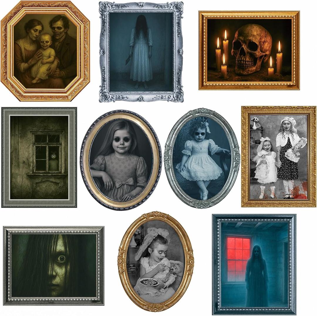 Halloween Decorations Indoor Scary Wall Decor, 10Piece Poster Creepy Frames Portraits Pictures, Gothic Decor Horror Castle Haunted House Mansion Decor Decoration Party Supplies