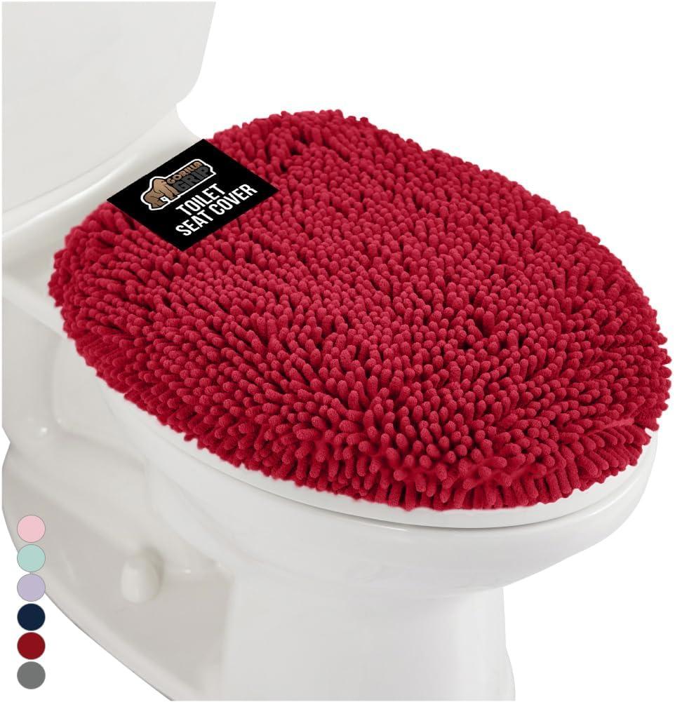 GORILLA GRIP Soft Chenille Bathroom Toilet Lid Cover, Machine Washable Seat Covers, 19.5x18.5, Stays in Place Rubber Backing, Fits Most Round, Elongated and Oblong Lids, Accessories Decor, Red