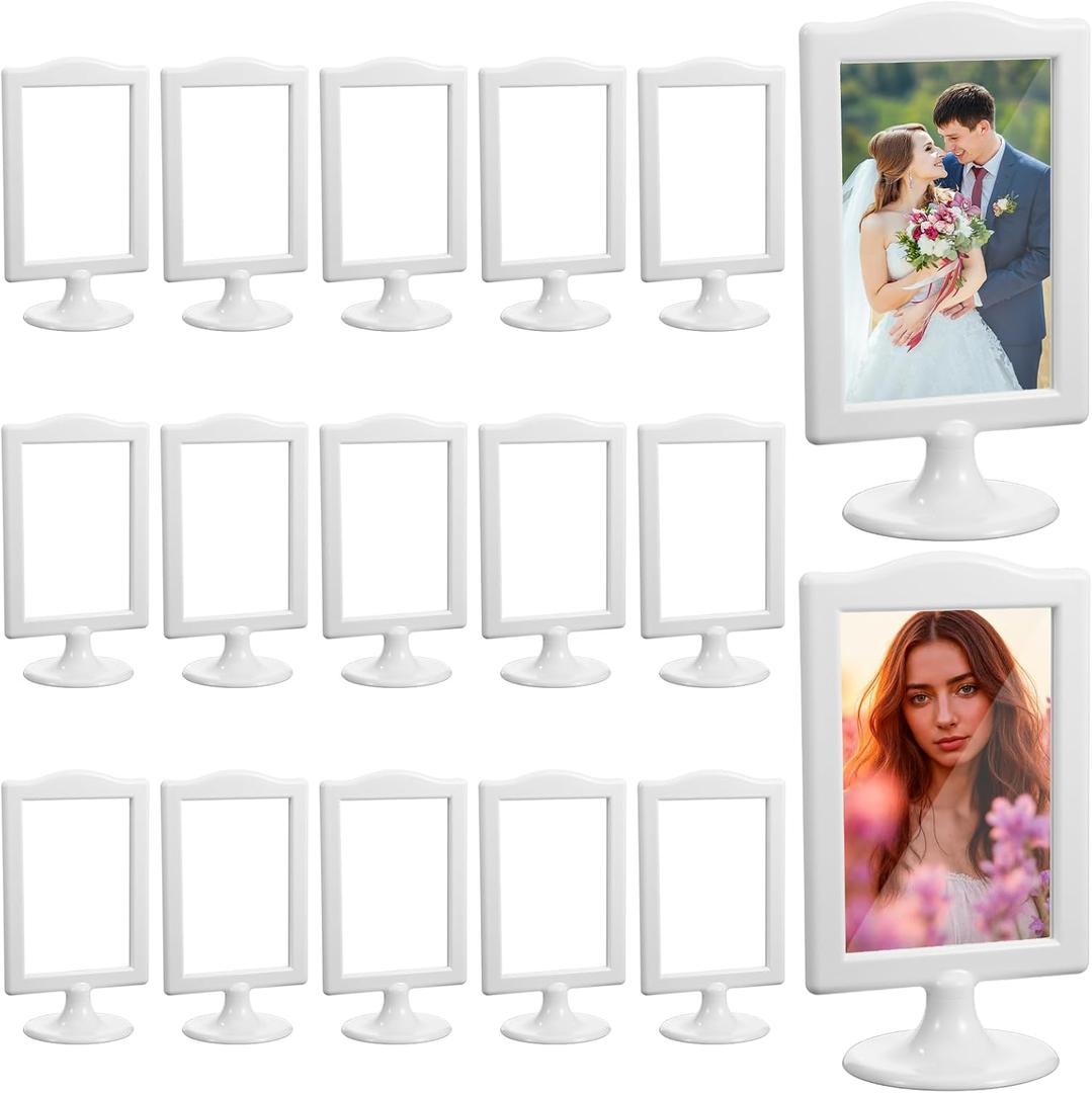 15PCS Standing Picture Frame, 4x6 Inch Double Sided Tabletop Photo Frame with Inserts and Base, Bulk Plastic Vertical Picture Display Holder for Wedding Table Menu ChristmasWhite