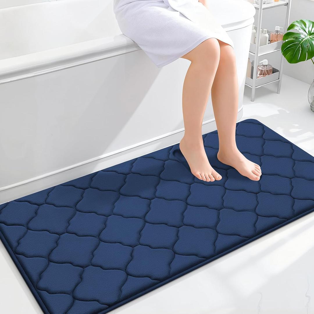 OLANLY Memory Foam Bath Mat Rug 47x24, Ultra Soft and Absorbent Bathroom Rugs, Non-Slip, Comfortable, Machine Washable Bath Carpet for Bathroom Floor, Tub, Shower and Home Decor Accessories, Navy