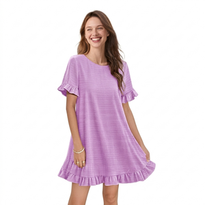 YESNO Summer Dresses for Women 2025 Floral Boho Ruffle Short Sleeve Sundresses Casual Shift Dress, 2XL, ESA Solid Purple
