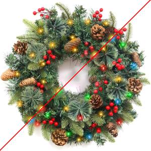 Christmas Wreaths for Front Door, Prelit Christmas Wreath Outdoor with 30 Warm White & Colorful Lights 8 Modes Timer Pinecones Berried Norfolk Pine Wreath 20 Inch Xmas Decorations for Door Wall Window