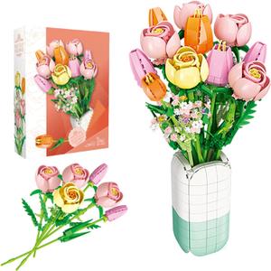Flower Bouquet Building Set Tulips Rose with Vase for Adults -1011pcs
