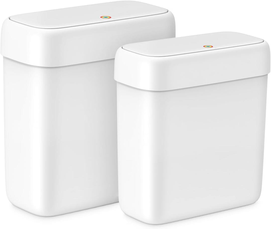 MOPALL 2 Pack Small Bathroom Trash Can with Lid, 3.2 Gallon / 11.5 L & 2.6 Gallon / 10 L Waste Basket with Pop-Up Lid, Slim Plastic Garbage Bin Dog Proof for Kitchen, Bedroom, Office, Toilet, White
