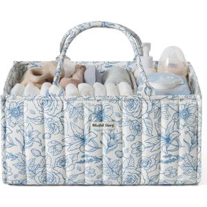 Blissful Diary Floral Diaper Caddy Organizer, Stylish Nursery Storage Basket, Gift for Baby Shower, Baby Registry Must Have, Newborn Essentials, Blue Floral