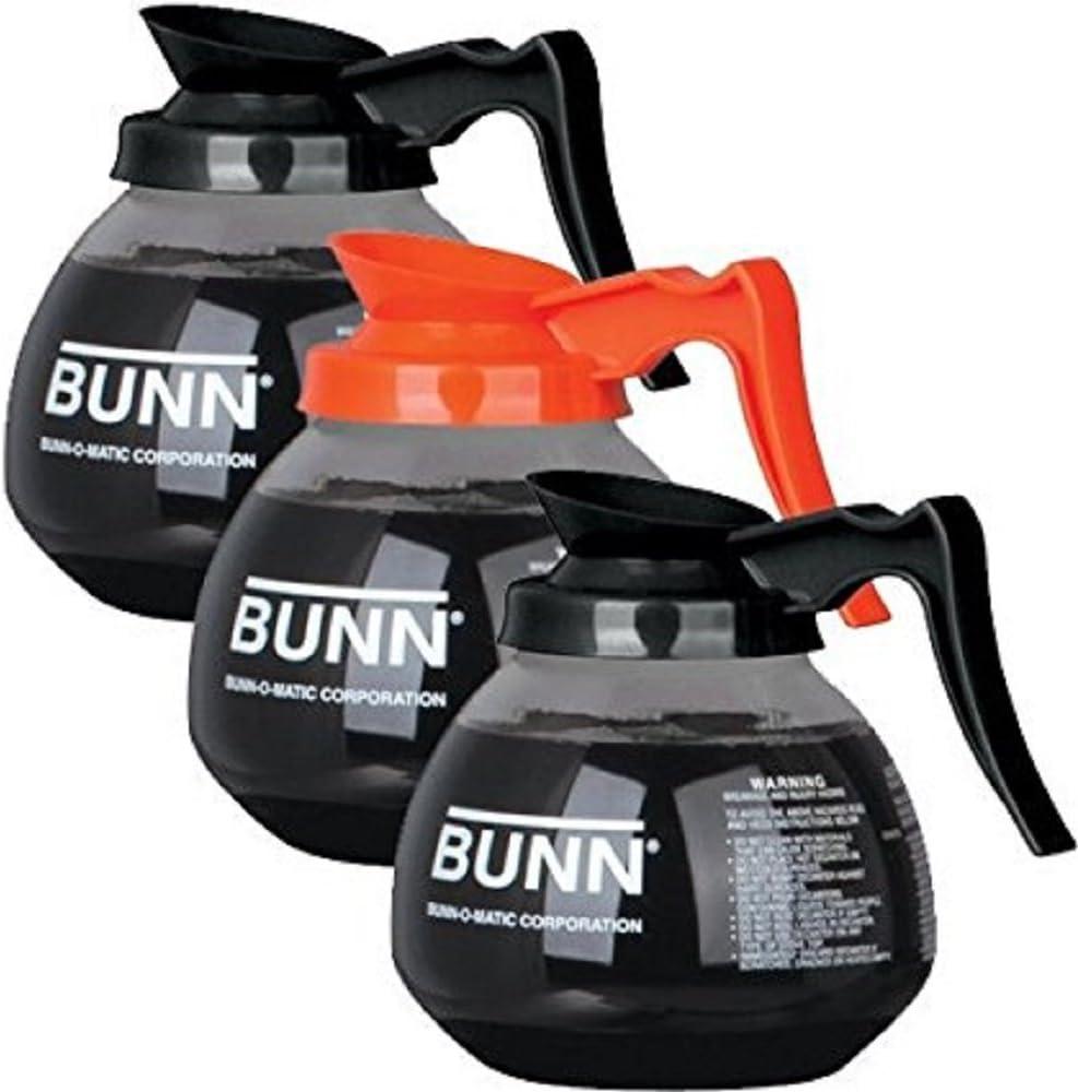 BUNN Coffee Pot Decanter/Carafe, 2 Black Regular and 1 Orange Decaf, 12 Cup Capacity, Set of 3