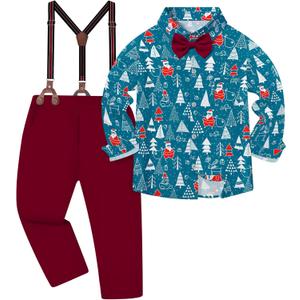 DISAUR Boys Christmas Outfit 3 Piece Dress Shirt with Bowtie and Suspender Pants Formal Wedding Ring Bearer Clothes 4-12Y (9-10 Years, Red)