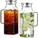 Netany 2 Pack 2 Liters/68 oz Square Glass Pitcher with Lid and Handle for Fridge, Iced Tea and Coffee Carafe Beverage Serveware, Heat Resistant Borosilicate Water Jug for Hot/Cold Drinks and Milk