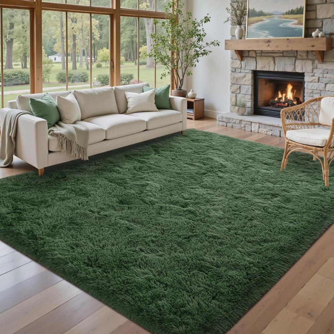 8x10 Area Rugs for Living Room Green Fluffy Shag Rug,Plush Bedroom Grass Carpet for Kids Teens Indoor Classroom Home Decor Aesthetic