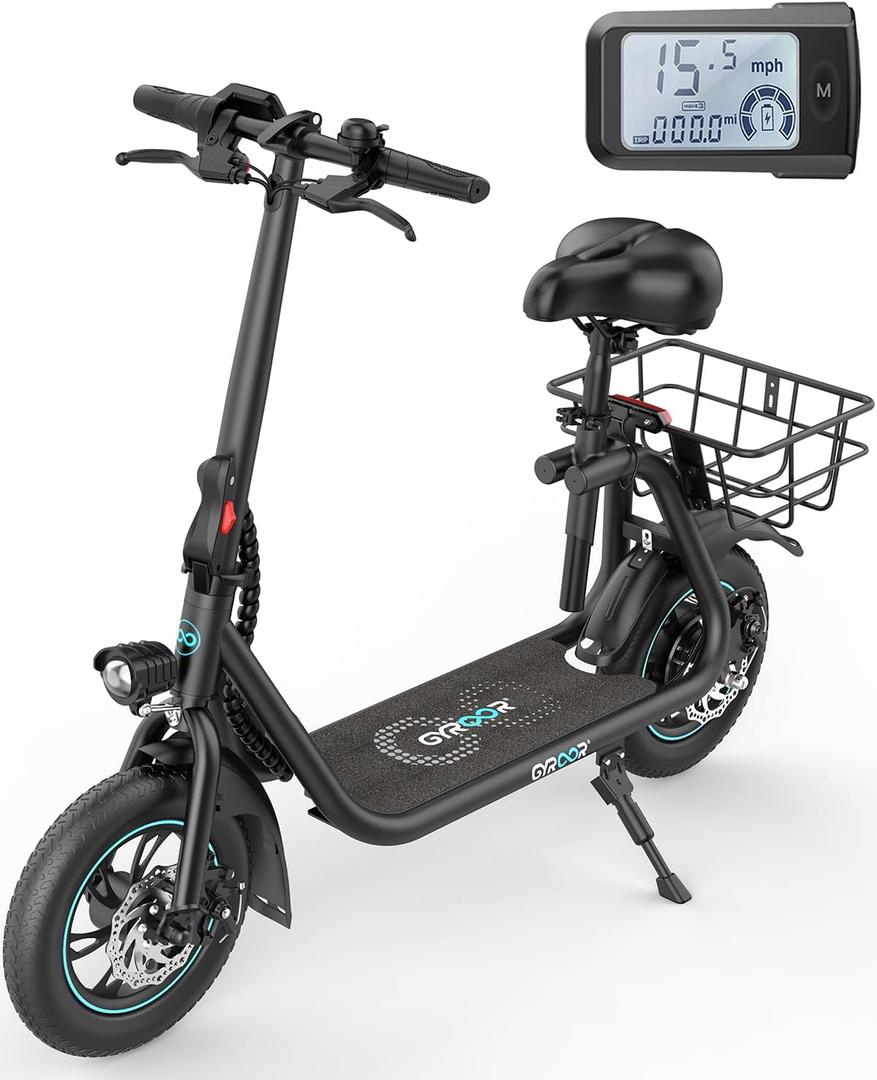 Gyroor Electric Scooter for Adults with Seat, 20/25 Miles Range 450W Motor up to 15.5/18.6 MPH Speed LCD Display, Electric Scooter with Basket (Bright Black)